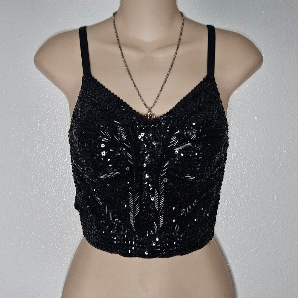Vintage Victoria's Secret Black Sequin Corset Top Bustier Beaded